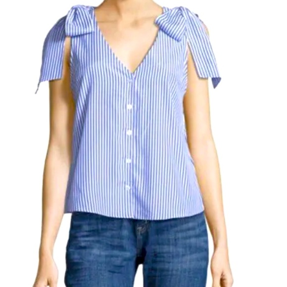 J.O.A Los Angeles Blouse Medium Blue Striped Bow Shoulder Button Up Top - Picture 1 of 3